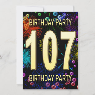 107th Birthday Party Invitation Fireworks Bubbles Kaart