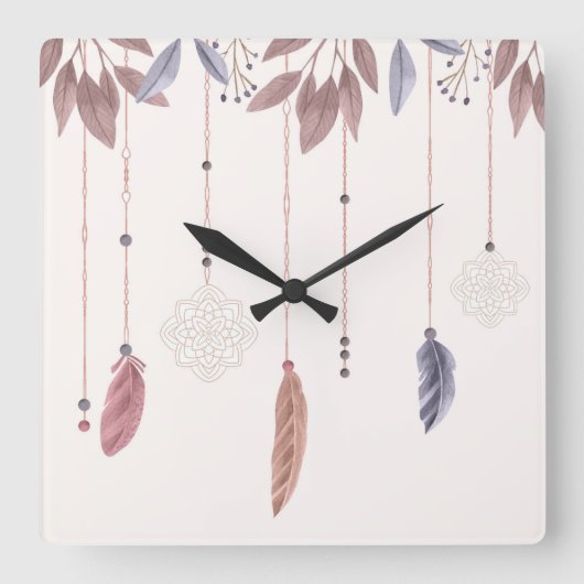 10.75" Boho Feathers Square Acrylic Wall Clock Vierkante Klok (Voorkant)