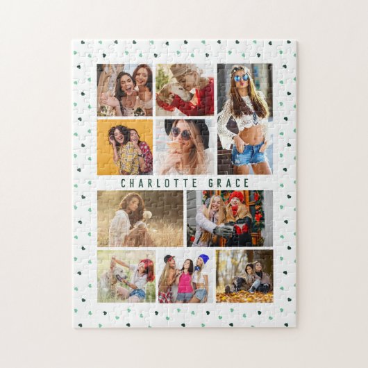 10 Foto Modern Green Romantic Love Heats Name Legpuzzel (Verticaal)