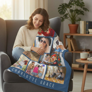 10 Foto Moderne Blauwe Gepersonaliseerde Naam Fleece Deken