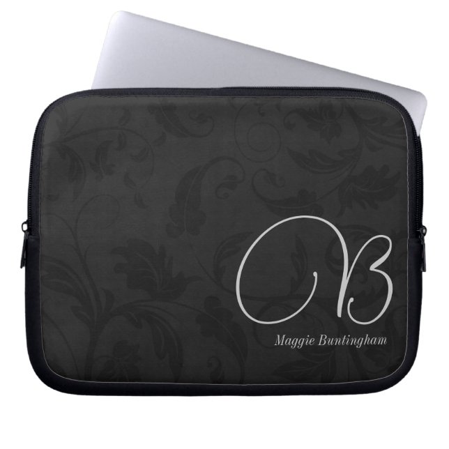 10-inch zwart monogrammed Damask Laptop Sleeve (Voorkant)