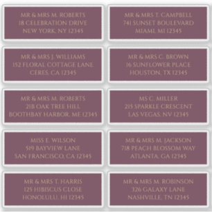 10 Individuele gast naam adres Plum Gold Sticker