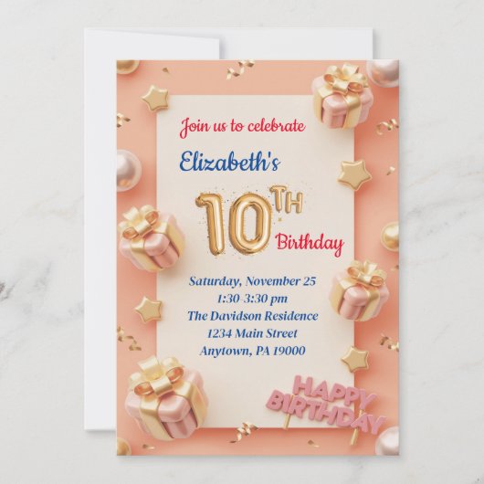 10 JAAR OUD MEISJES VERJAARDAG UITNODIGINGEN (Voorkant)