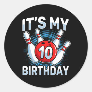 10 jaar oude bowling 10e verjaardagsfeestje jongen ronde sticker