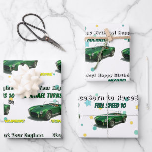 10 Jaar Oude Verjaardag Party Green Racing Car Inpakpapier Vel