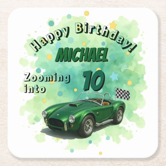10 Jaar Oude Verjaardag Party Green Racing Car Vierkante Kartonnen Onderzetter (Voorkant)
