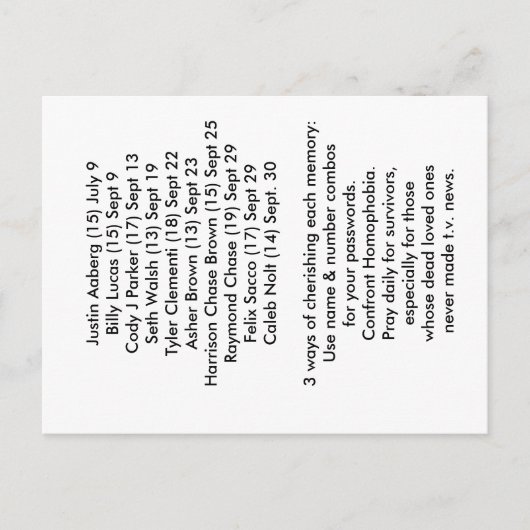 10 morts connus Carte de prévention de l'intimida (Devant)