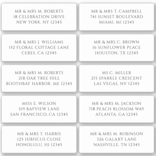 10 Naam individuele gast Adres Partij Wedding Sti Sticker (Voorkant)