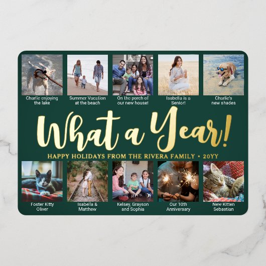 10 Photo Collage Donkergroen Wat een jaar! script Folie Feestdagenkaart (Voorkant)