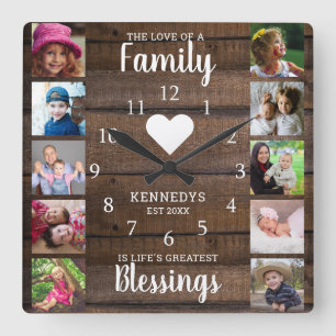 10 Square Photo Collage Family Quote Dark Wood Vierkante Klok