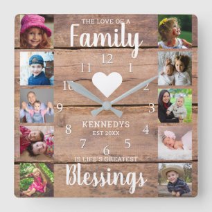 10 Square Photo Collage Family Quote Rustic Wood   Vierkante Klok