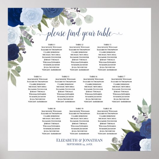 10 Tableau Bleu Roses Élégant Mariage Seating Char (Devant)