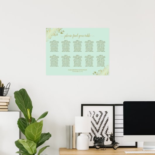 10 Tableau Mariage Plat Mint Vert & Or (Bureau à domicile)