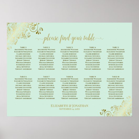 10 Tableau Mariage Plat Mint Vert & Or (Devant)