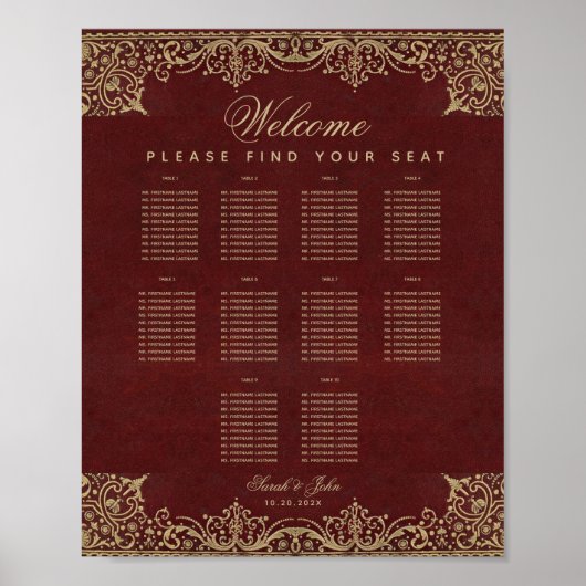 10 Tables Burgundy and Gold Wedding Seating Chart Poster (Voorkant)