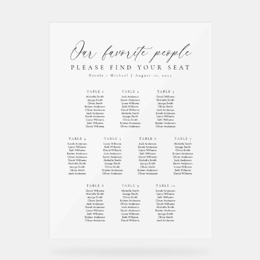 10 Tables Favorite People Acrylic Seating Chart (Recto)