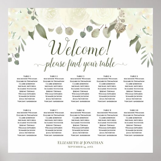 10 Tafel Ivory White Roses Wedding Seating Chart Poster (Voorkant)