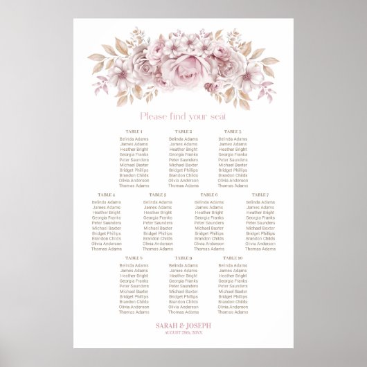 10 Tafel Roze Bloemen Huwelijk Zitting Grafiek Poster (Voorkant)