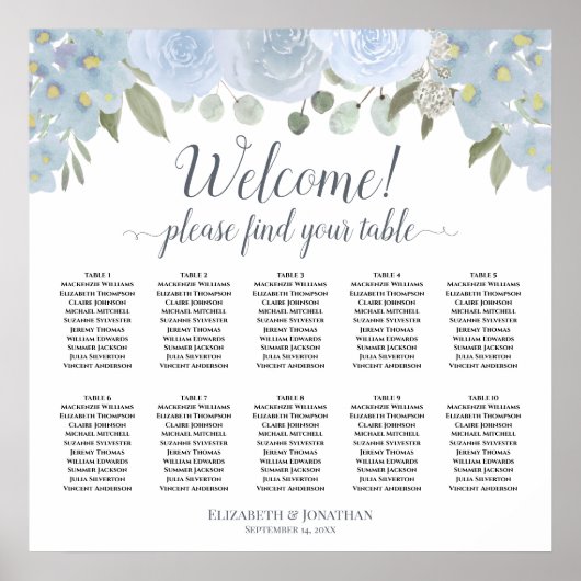 10 Tafel Stusty Blue Boho Wedding Seating Chart Poster (Voorkant)