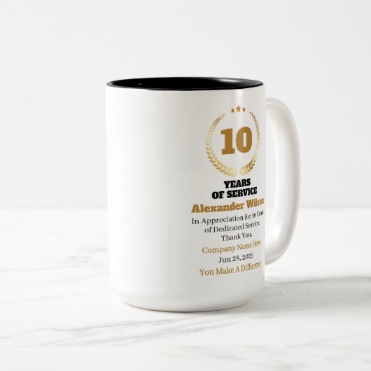10 Years of Service Employee Appreciation – Custom Tweekleurige Koffiemok (Voorkant rechts)