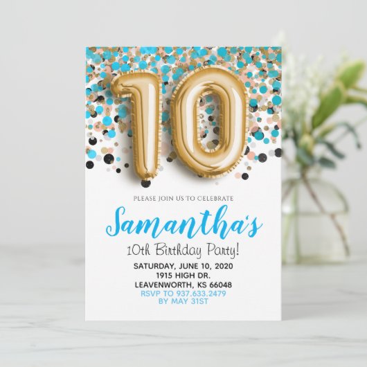 10e anniversaire Blue Confetti Invitation (Debout devant)