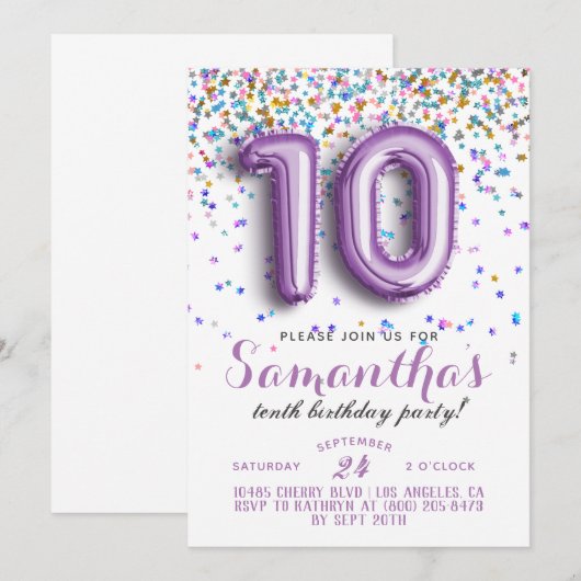 10e anniversaire Confetti Invitation (Devant / Derrière)