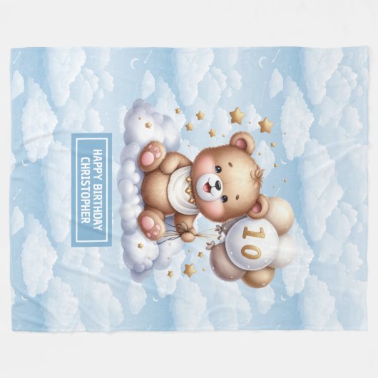 10e anniversaire couverture cadeau avec nom teddy  (Devant (Horizontal))
