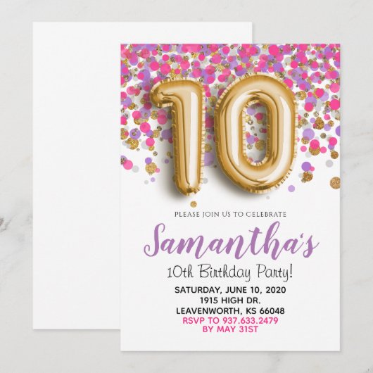 10e anniversaire Gold Confetti Invitation (Devant / Derrière)
