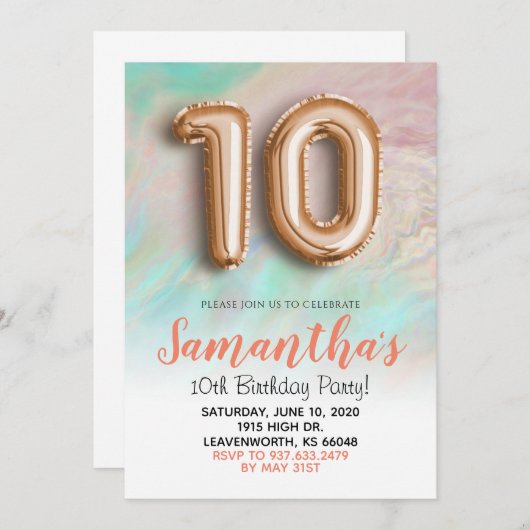 10e anniversaire Rose Gold Marble Invitation (Devant / Derrière)