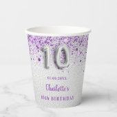 10e Birthday Silver paarse glitter Enmonogram Papieren Bekers (Voorkant)