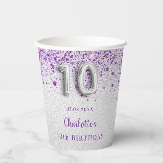 10e Birthday Silver paarse glitter Enmonogram Papieren Bekers (Voorkant)