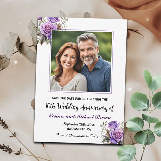 10e bruiloft Jubileum Paarse Rozen Foto Save The Date