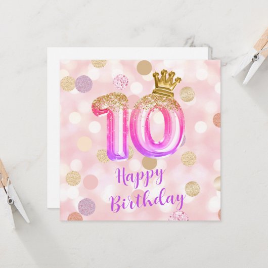 10e carte d'anniversaire rose violet or (Devant/Arrière en situation)