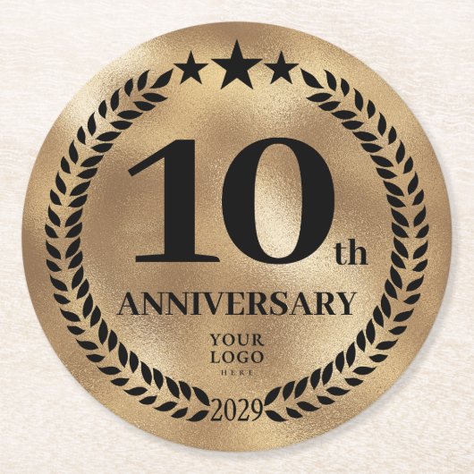 10e Jubileum Business Logo Gold Ronde Kartonnen Onderzetter (Voorkant)