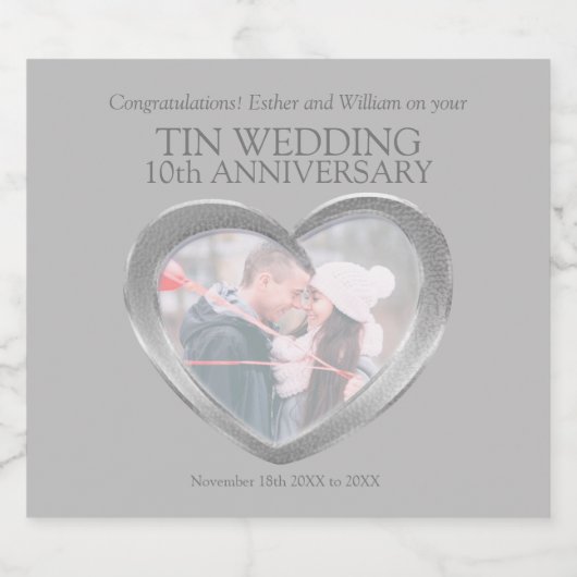 10e trouwdag aangepaste tin hart foto sparkling wijnetiket (Enkel label)