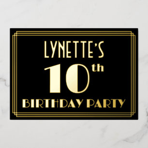10e verjaardag: Art Deco Kijk "10", met naam Folie Uitnodiging