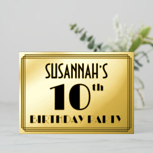 10e verjaardag — Art Deco Kijk "10" + Naam Folie Uitnodiging