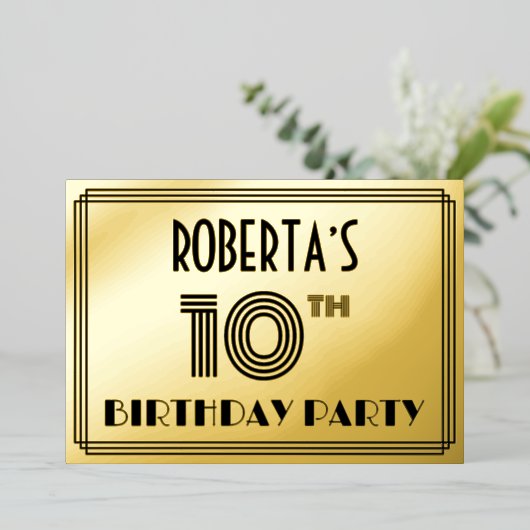 10e verjaardag — Art Deco Style "10" en naam Folie Uitnodiging (Staand Voorkant)