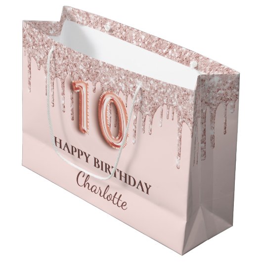 10e verjaardag blush roze glitter druppels groot cadeauzakje (Voorkant Gekanteld)