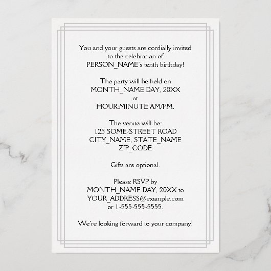 10e verjaardag — Fancy script en aangepaste naam Folie Uitnodiging (Achterkant)