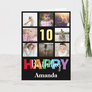 10e verjaardag Fotocollage Modern Zwart Kaart