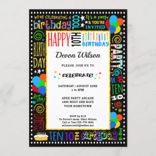 10e Verjaardag Fun Kleur Crazy Text op Black Party Kaart