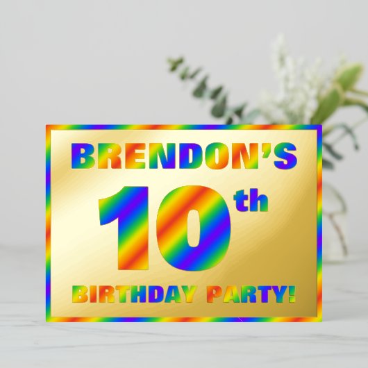 10e verjaardag - Fun, regenboogspectrum "10" Folie Uitnodiging (Staand Voorkant)