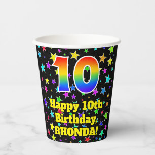 10e verjaardag: Fun Stars Pattern en Rainbow 10 Papieren Bekers