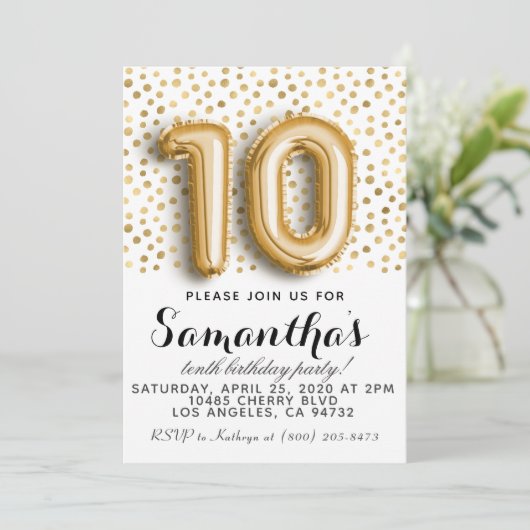 10e verjaardag Gold Polkadot uitnodiging (Staand voorkant)
