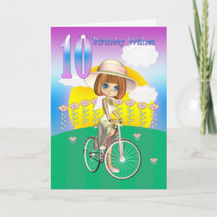 10e verjaardag Kaart met klein meisje op de fiets