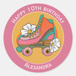 10e verjaardag naam roller schaats schattige roze ronde sticker