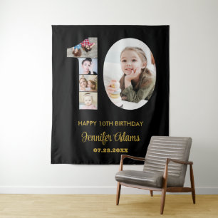 10e verjaardag nummer 10 fotocollage modern zwart wandkleed