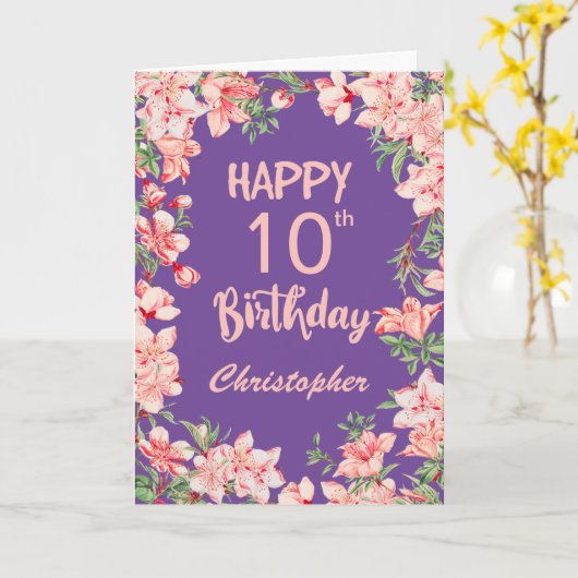 10e verjaardag Paarse Pink Peach Waterverf Floral Kaart (Gele Bloem)