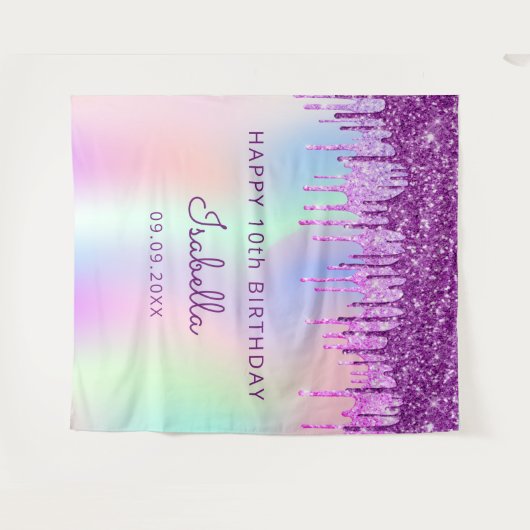 10e verjaardag paarse roze glinsterende holografis wandkleed (Voorkant (horizontaal))